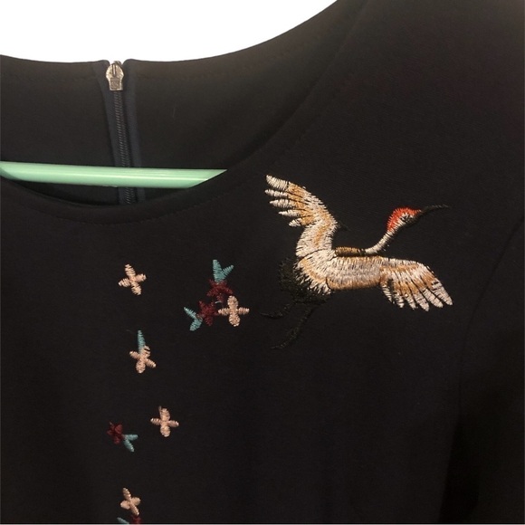 Embroidered Navy Flare Midi Dress Geese & Floral Design Long Sleeved Zip Back S - Picture 3 of 9